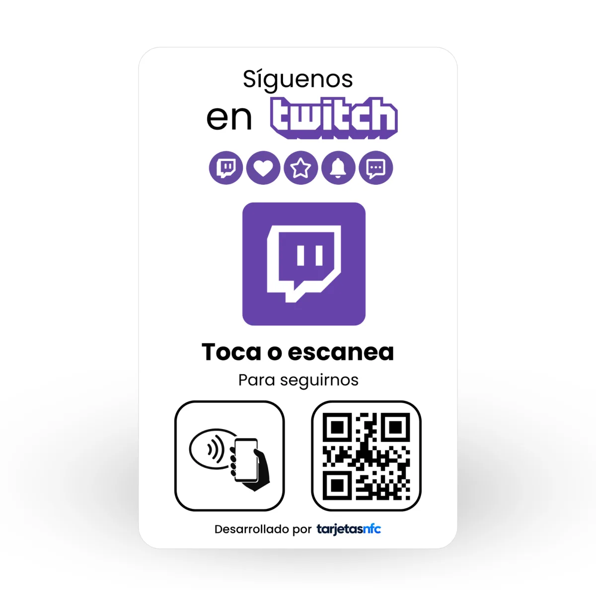 Tarjeta NFC para Twitch con chip NFC y código QR